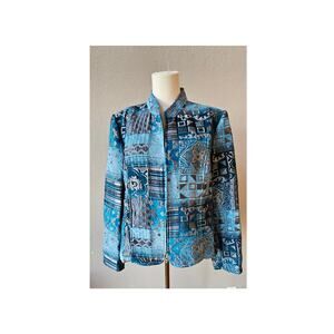 Molly & Maxx Blue Geometric Long Sleeve Shoulder Pads Full Zip Blazer Size Large